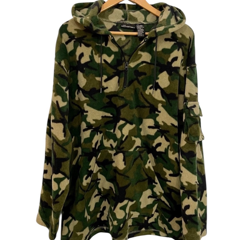 Vintage No Boundaries Camo Oversized Moss Fleece Quarter Zip Hoodie Y2K Large